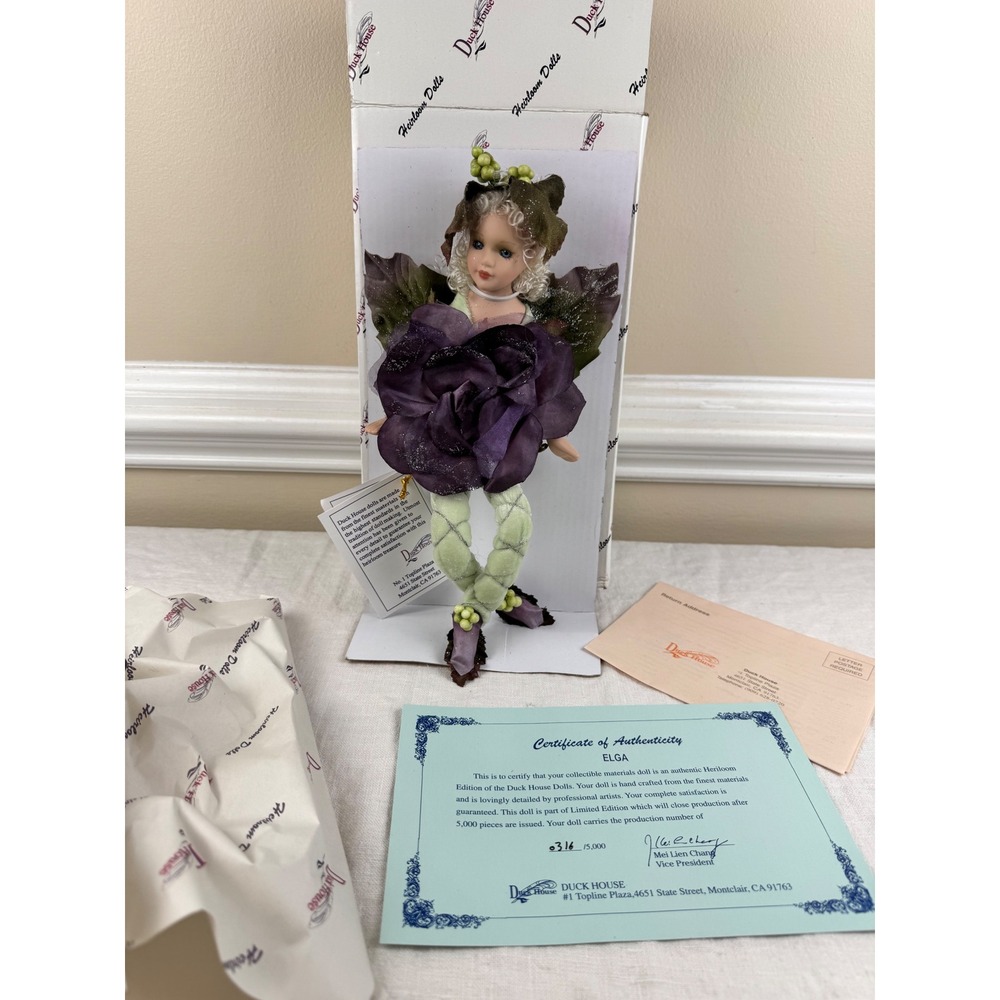 Duck House Heirloom Elga Porcelain Fairy Doll Limited Edition Purple Rose 10"